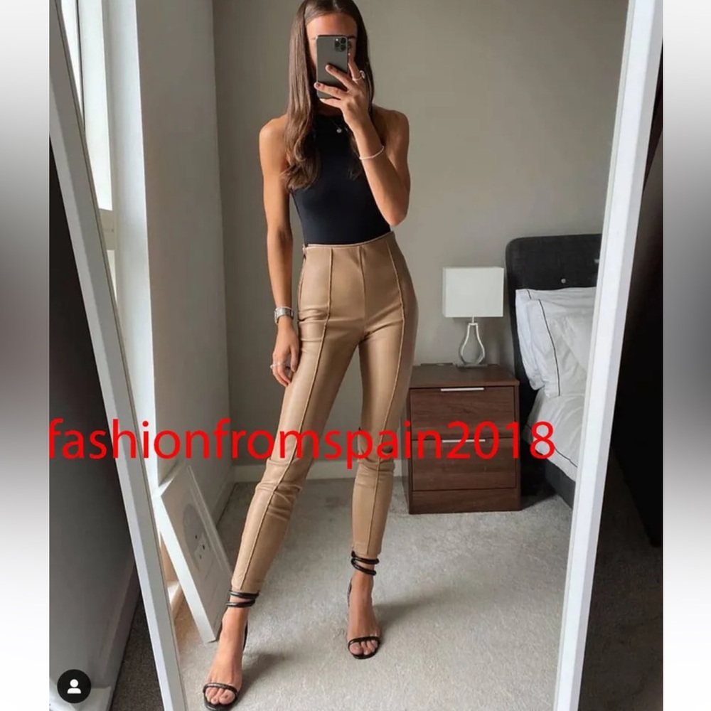 ZARA MID-WAIST FAUX LEATHER LEGGINGS PANTS CAMEL Brown Size S NEW